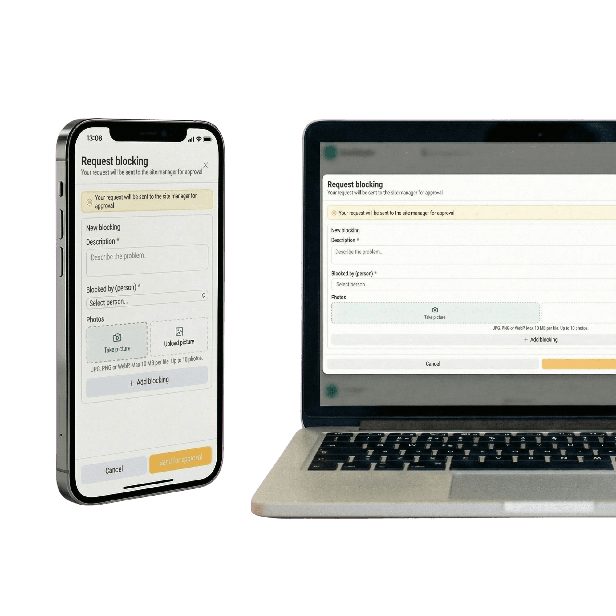 Blokeringsdokumentation – anmeld blokering med foto på mobil og desktop