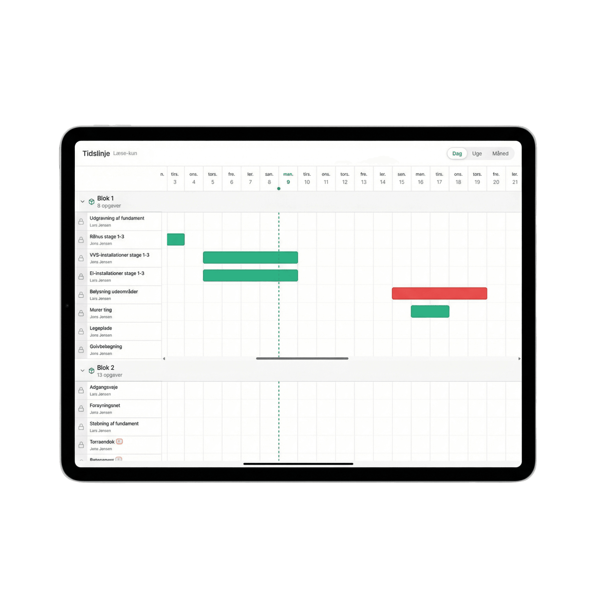 Tidsplanlægning – Gantt-tidslinje med opgaver, afhængigheder og milepæle